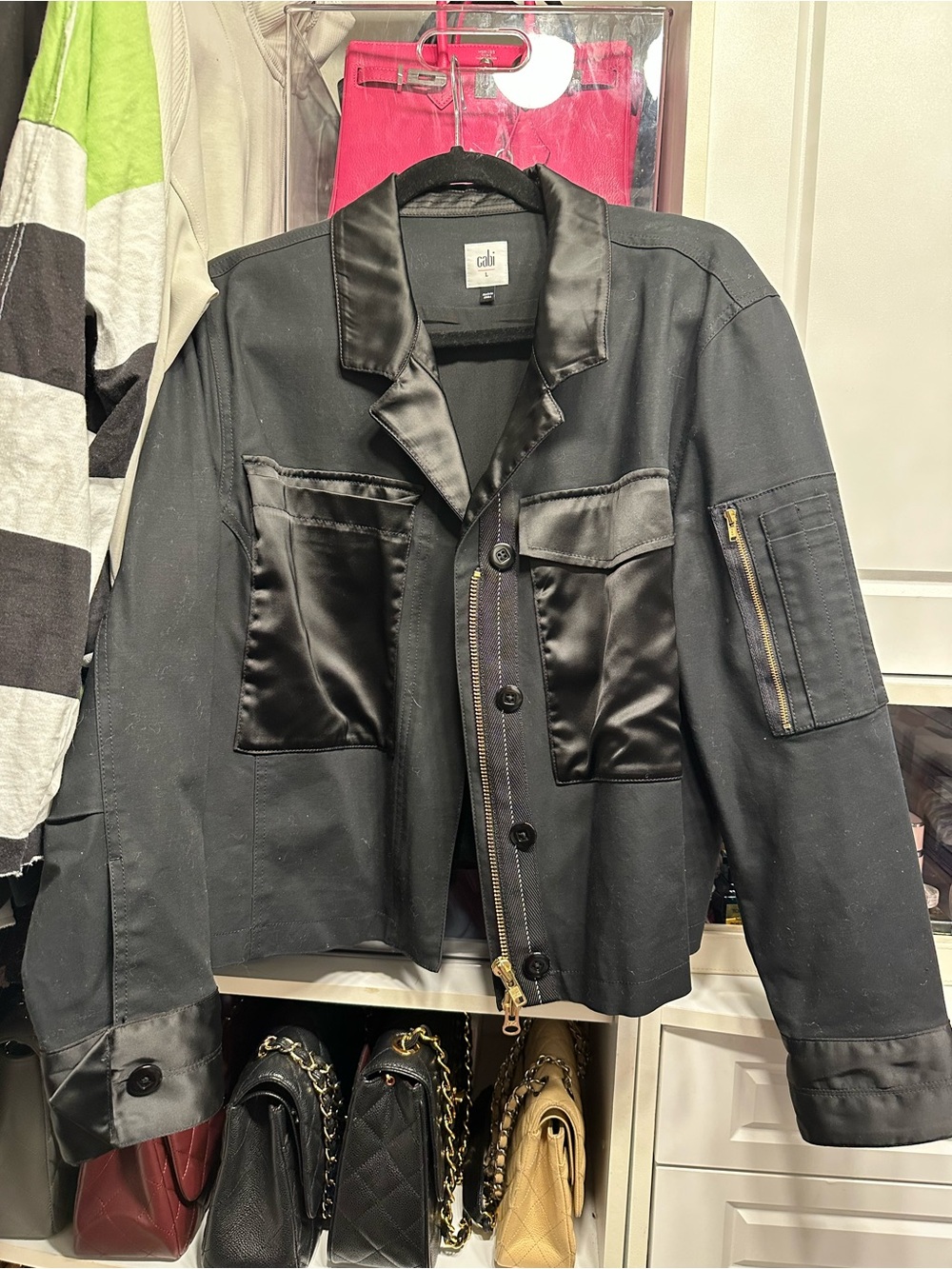 CAbi Black Satin-Trim Bomber Jacket